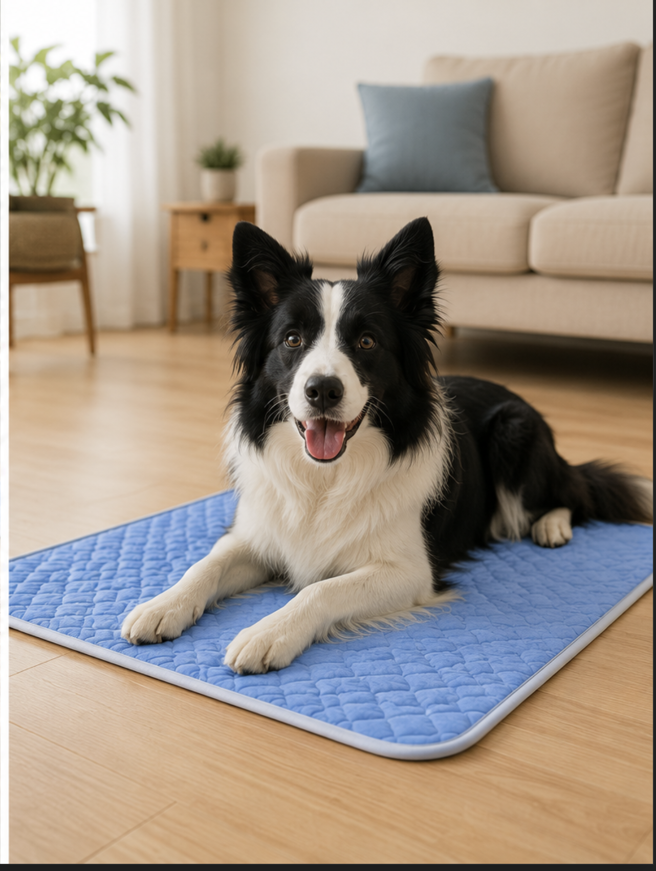 Border Collie relaxing indoors on a blue Cool Paws cooling mat
