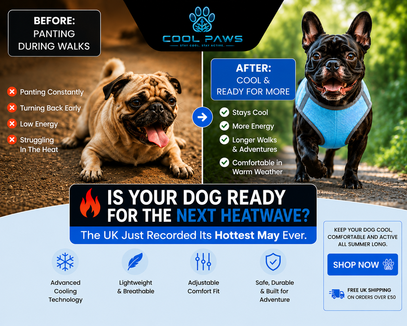 Dog overheating before Cool Paws Cooling Mat vs cool and comfortable after